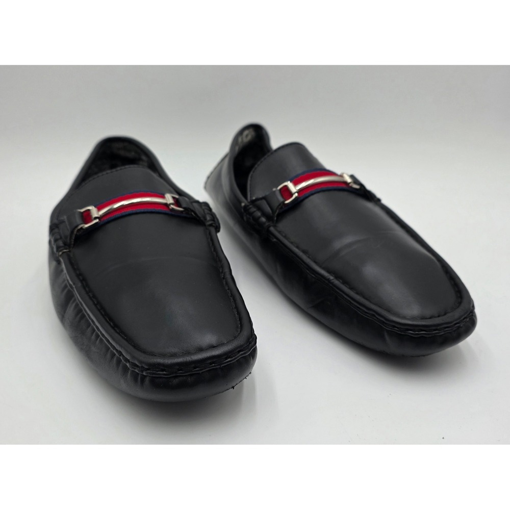 Men's Black Leather Driving Loafers Red Blue Stripe Detail Slip On Shoes Size 12